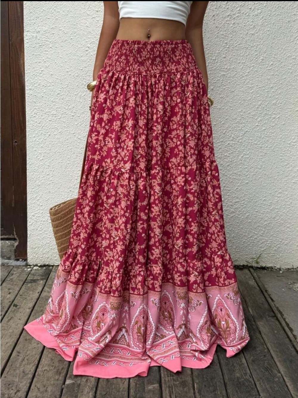 Plus Size Boho Bohemian Floral Print Smocked Waist Maxi Skirt